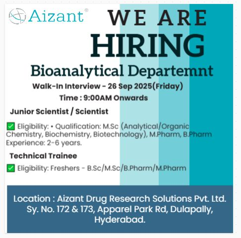 Aizant Drug Research Solutions Walk-In Interviews for Bioanalytical Roles on 27th September