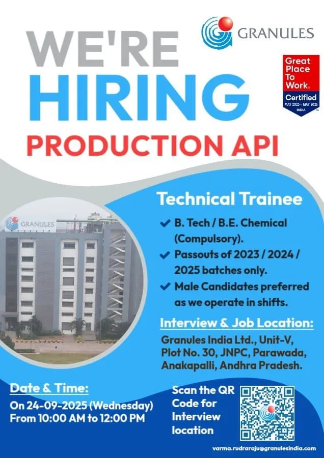 Granules India Walk-In Interviews for Technical Trainee Positions in API Production on 24 September