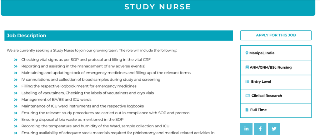 Entry-Level Job @ Navitas Life Sciences Hiring a Study Nurse Position in Manipal