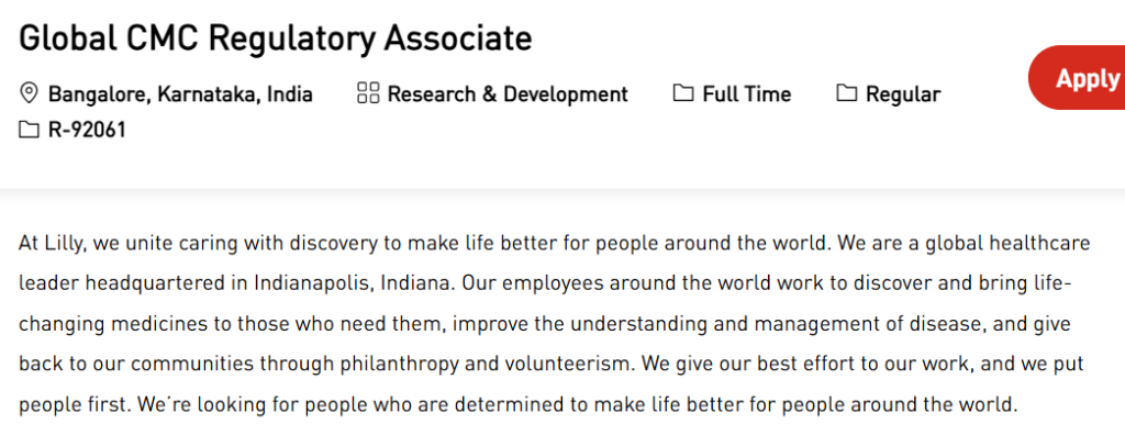 Lilly Careers – Hiring Global CMC Regulatory Associate in Bangalore