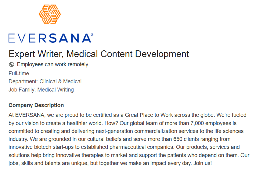 EVERSANA Hiring an Expert Writer in Medical Content Development (Remote Job)