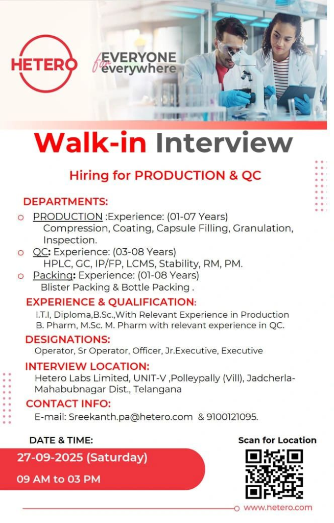 Hetero Labs Walk-in Interview for Production, QC, and Packing Roles on 27th September