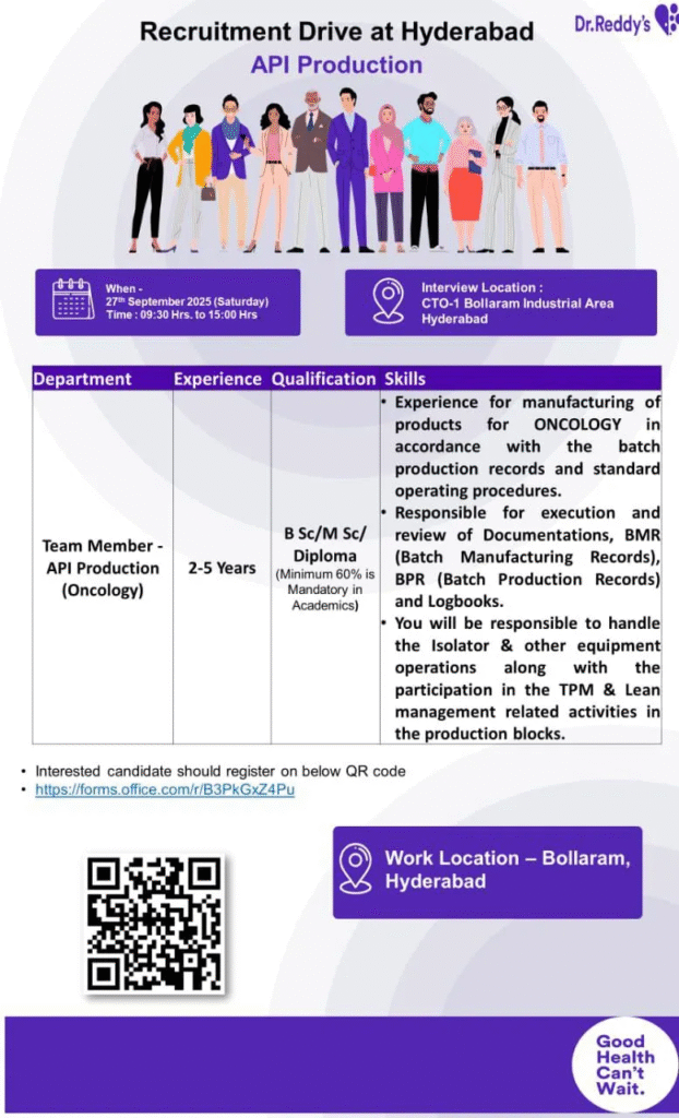 Walk-in Interview for Pharma Jobs at Dr. Reddy's: API Production (Oncology) Roles in Hyderabad
Join Dr. Reddy's Laboratories for a recruitment drive on September 27, 2025! Explore API production jobs in oncology at our Bollaram facility in Hyderabad. (128 characters)
About the Company
Dr. Reddy's Laboratories Ltd., founded in 1984, is a global pharmaceutical leader headquartered in Hyderabad, India, renowned for its API manufacturing excellence. Specializing in high-quality active pharmaceutical ingredients for oncology, cardiovascular, and other therapies, the company operates USFDA-approved facilities like CTO-1 in Bollaram, producing complex molecules for over 100 countries. With a legacy of innovation, including Industry 4.0 adoption and green chemistry commitments, Dr. Reddy's employs 20,000+ professionals, driving affordable healthcare solutions worldwide.
Job Details
Company Name: Dr. Reddy's Laboratories Ltd.
Experience: 2–5 years
Qualification: B.Sc./M.Sc./Diploma (Minimum 60% in academics)
Location: CTO-1, Bollaram Industrial Area, Hyderabad, Telangana
Work Type: On-site, Full-time in API production
Job Description
Dr. Reddy's Laboratories is hosting a recruitment drive for Team Member roles in API Production focused on oncology products at its state-of-the-art Bollaram facility. These pharma jobs emphasize execution of manufacturing processes in a regulated environment, ideal for skilled professionals advancing pharmaceutical careers in India.Team Member - API Production (Oncology)Department: API Production
Role: Team Member - API Production (Oncology)
Experience: 2–5 years
Education/Qualification: B.Sc./M.Sc./Diploma (Minimum 60% mandatory)Skills/Qualifications2–5 years of hands-on experience in API manufacturing, preferably oncology products
Strong knowledge of batch production records (BPR) and standard operating procedures (SOPs)
Proficiency in documentation execution, BMR/BPR review, and logbook maintenance
Expertise in handling isolators and other production equipment operations
Familiarity with TPM (Total Productive Maintenance) and Lean management activities
Minimum 60% aggregate in B.Sc./M.Sc. or Diploma in relevant fields
Analytical mindset, attention to detail, and GMP compliance awareness
Ability to work in cleanroom environments for high-potency APIsKey ResponsibilitiesManufacture oncology API products per batch production records and SOPs
Execute and review documentation, including BMR, BPR, and logbooks
Operate isolators and production equipment efficiently and safely
Participate in TPM and Lean management initiatives in production blocks
Ensure adherence to quality standards and regulatory requirements
Collaborate with teams to maintain production timelines and efficiency
Support audits and continuous improvement in manufacturing processesBenefits/PerksCompetitive salaries aligned with global pharma standards in India
Career growth in a USFDA-approved API leader with oncology focus
Comprehensive training in advanced manufacturing and Lean practices
Inclusive work culture promoting innovation and employee wellness
Health insurance, on-site facilities, and professional development programs
Opportunities to contribute to life-saving oncology therapies worldwideHow to Apply
Interested candidates must register via the online form at https://forms.office.com/r/B3PkGxZ4Pu before attending the walk-in. For more pharma job resources, visit Pharma Recruiter. Prepare your documents and apply today to join Dr. Reddy's dynamic team!
Walk-in Interview DetailsDate: September 27, 2025 (Saturday)
Time: 09:30 AM to 3:00 PM
Venue: CTO-1, Bollaram Industrial Area, Hyderabad, Telangana
Contact/Email: Register at https://forms.office.com/r/B3PkGxZ4Pu (no direct email provided)Why You Should Join
Dr. Reddy's Laboratories offers unparalleled pharmaceutical careers in API production, where your oncology expertise powers global healthcare innovations. At the Bollaram facility, recognized for USFDA compliance and Industry 4.0 excellence, thrive in a collaborative environment focused on quality and sustainability. With a 40-year legacy of affordable medicines, enjoy long-term stability, skill enhancement, and the chance to impact patient lives. Join Dr. Reddy's in Hyderabad for rewarding, high-impact pharma roles.
FAQs
What qualifications are required for the API Production role at Dr. Reddy's?
B.Sc./M.Sc./Diploma with minimum 60% academics and 2–5 years in API manufacturing.
Is oncology experience mandatory?
Preferred; focus on manufacturing oncology products per BPR and SOPs.
How do I register for the walk-in interview?
Complete the form at https://forms.office.com/r/B3PkGxZ4Pu prior to attending.
What career growth can I expect at Dr. Reddy's?
Advancement in global API operations with training in TPM and Lean.