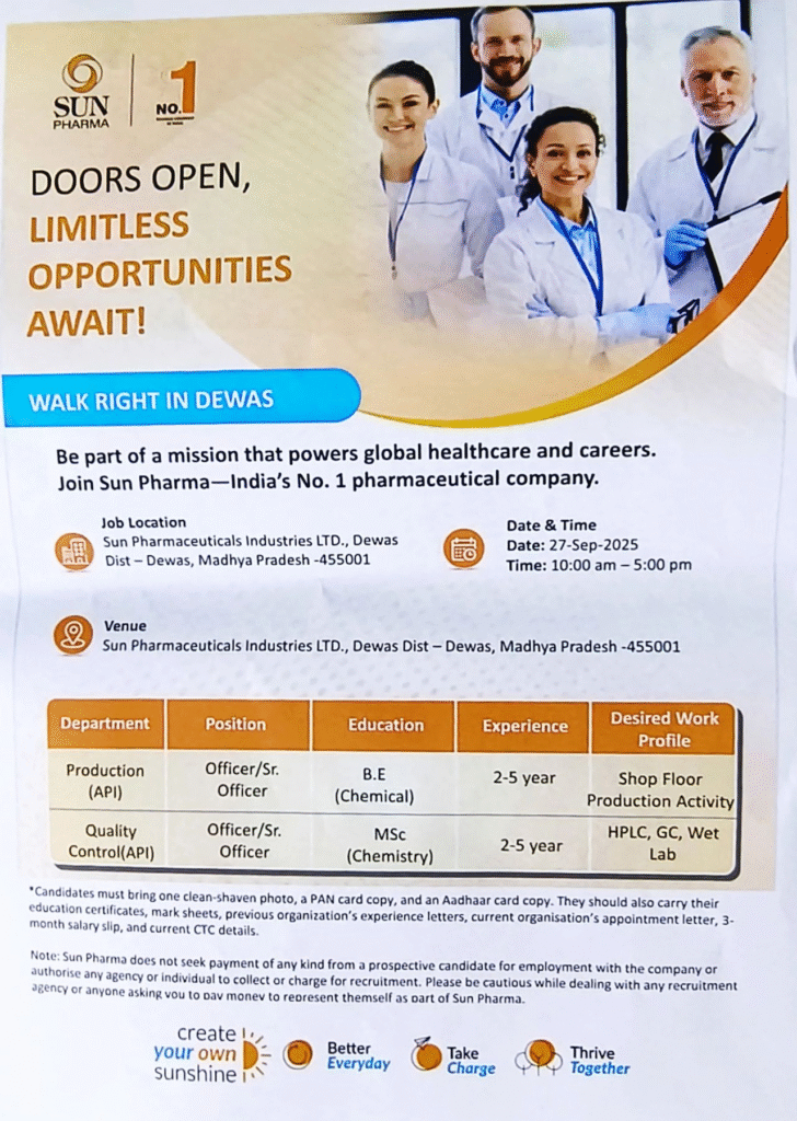 Sun Pharma: Walk-In Interview for Pharma Jobs on 27th September 2025