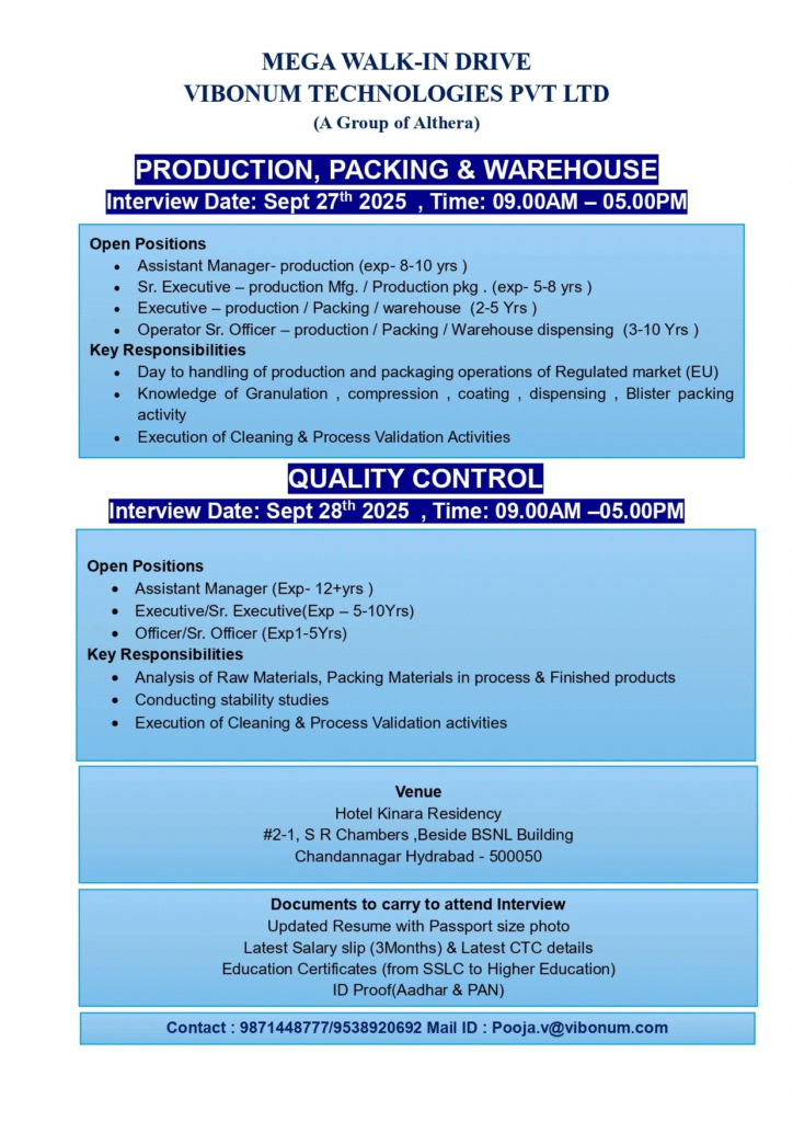 Mega Walk-In Drive @ Vibonum Technologies Pharma Jobs on 27th-28th September 2025