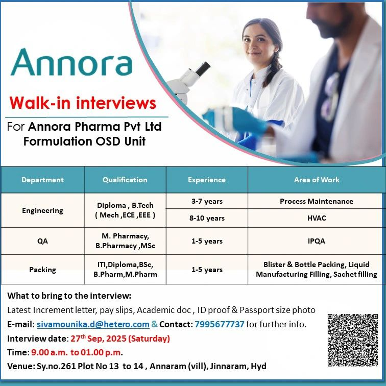 Annora Pharma is Hiring for formulation OSD Roles