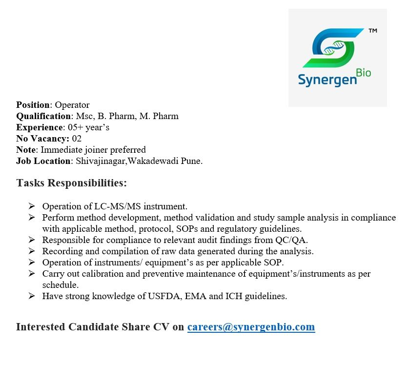 Synergen Bio is Hiring for Operator Position | Bioanalytical Career Opportunity in Pune