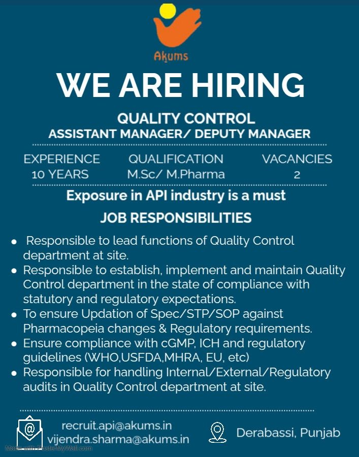 Akums is Hiring for Quality Control Leadership Roles - Assistant Manager / Deputy Manager