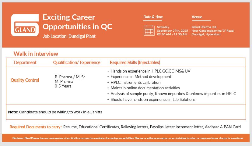 Walk-In Interview @ Gland Pharma - Hiring Freshers for Quality Control Roles (0-5 Years Exp)