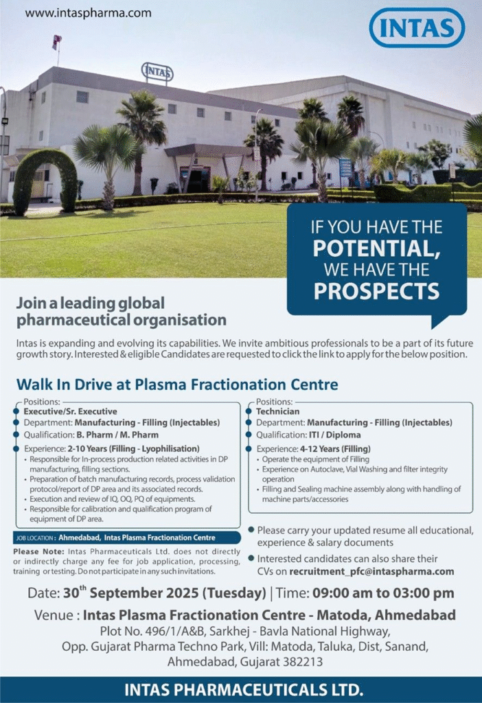 Intas Pharmaceuticals is Hiring for Walk-in Drive for Manufacturing Roles in Injectables