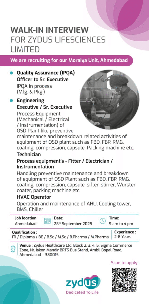 Zydus Lifesciences Walk-in Interview for QA, Engineering, and Technician Roles on 28th Sep 2025