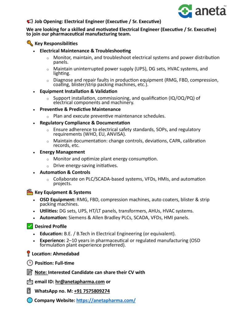 Aneta Pharmaceuticals is Hiring for Electrical Engineer in Ahmedabad