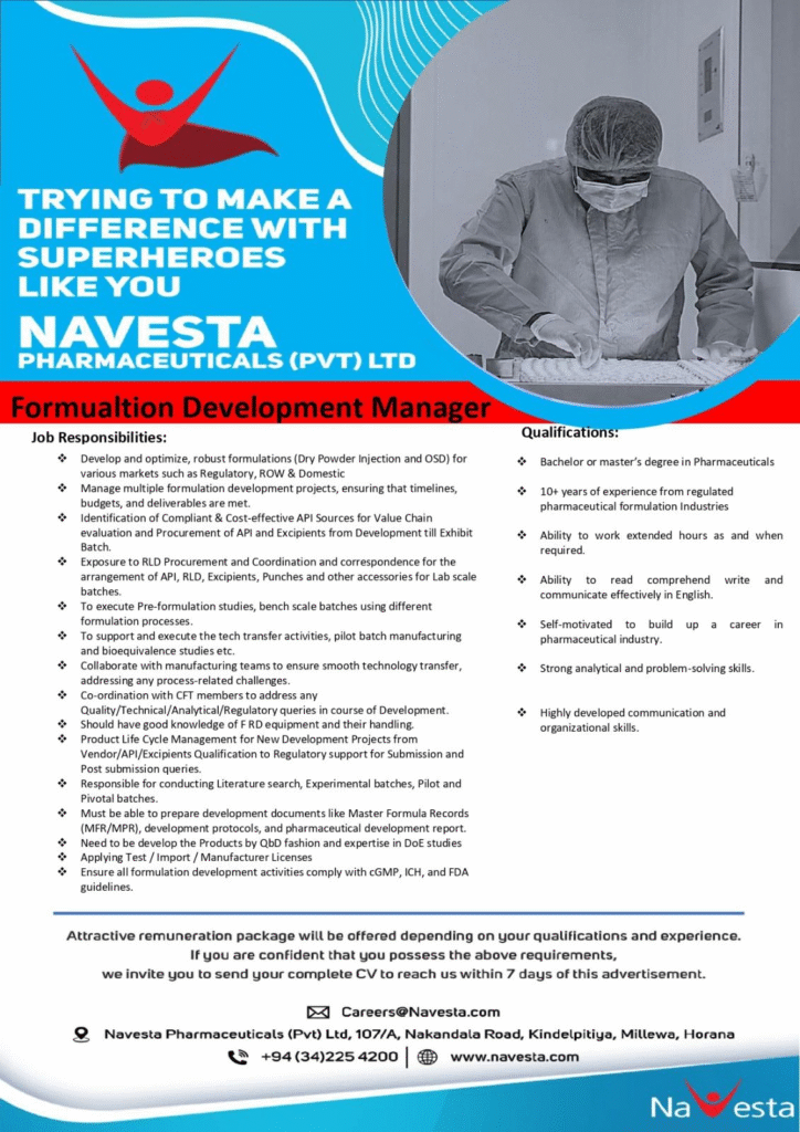 Navesta Pharmaceuticals hiring Formualtion development manager