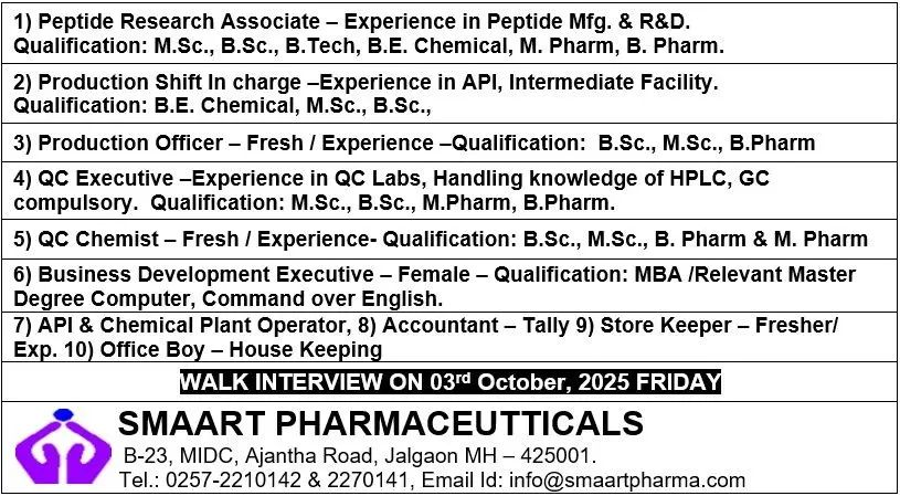 Walk-in Interview @ SMAART Pharmaceuticals - Hiring Freshers & Experienced Candidates on 3rd Oct 2025