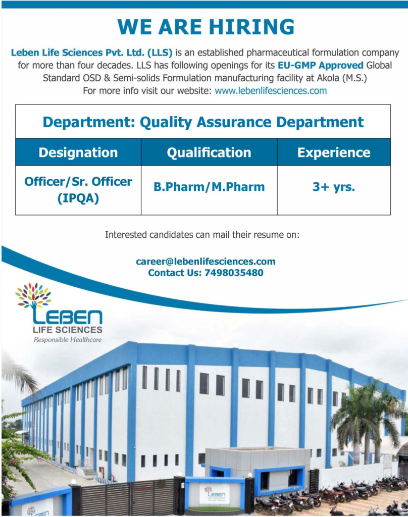 Leben Life Sciences Job Openings – Quality Assurance Department
Build Your Career with a Trusted Pharmaceutical Company