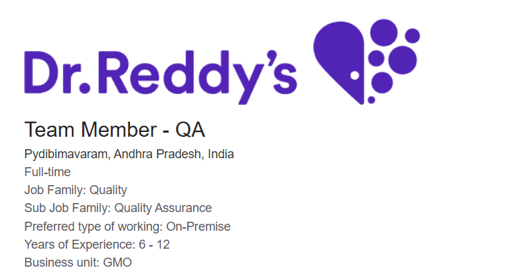 Dr. Reddy laboratories Hiring