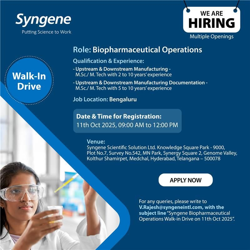 Syngene is Hiring for multiple openings in Biopharmaceutical Operations on 11th Oct 2025 (Saturday)