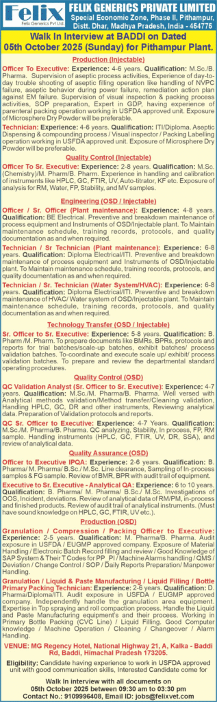 Felix Pharmaceuticals Walk-In Interview for Production, Quality Control, and Engineering at Pithampur Plant 2025