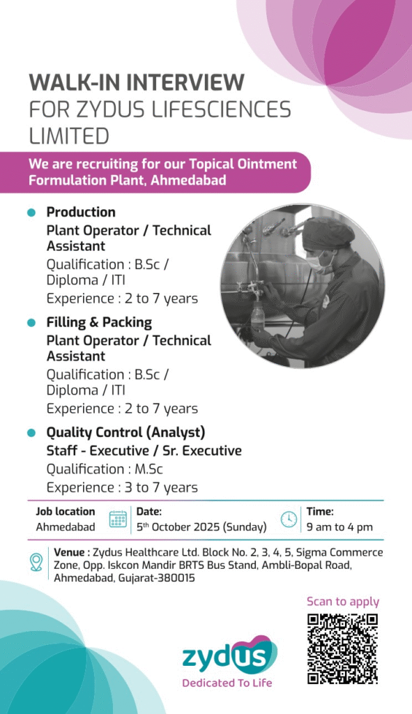 Zydus Lifesciences Hiring Bsc & Msc Professionals in Production, Filling, Packing, and Quality Control on 5th Oct