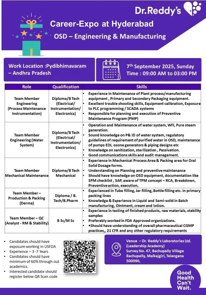 Dr. Reddy’s Career Expo 2025 – OSD Engineering & Manufacturing Jobs on 7th September