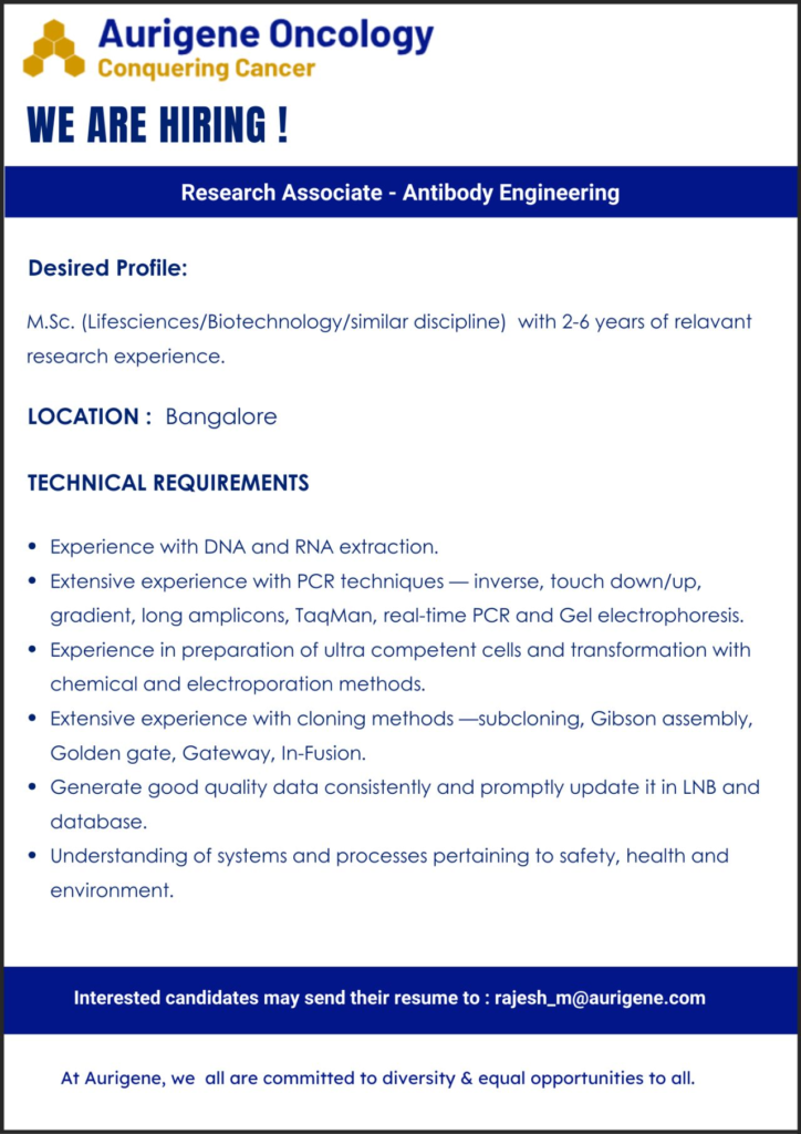 Aurigene Oncology Hiring – Research Associate (Antibody Engineering)