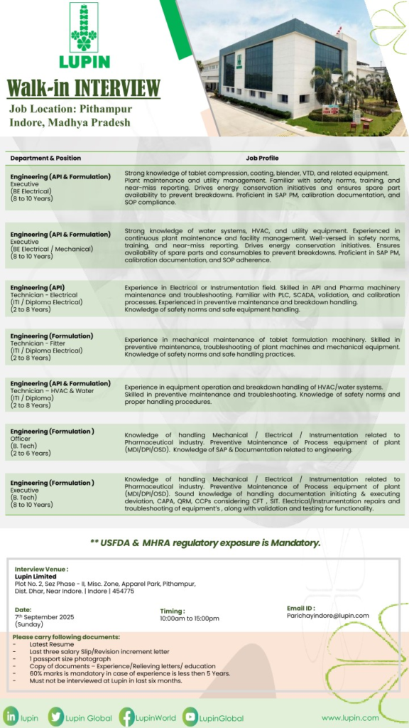 Lupin Laboratories Walk-In Interview on 7th September 2025 – Pharma Jobs in Indore (Pithampur, Madhya Pradesh)
