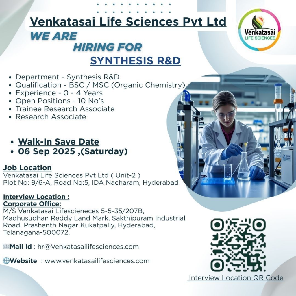 Venkatasai Life Sciences Walk-In Interview for Synthesis R&D – Hyderabad, 06th September 2025