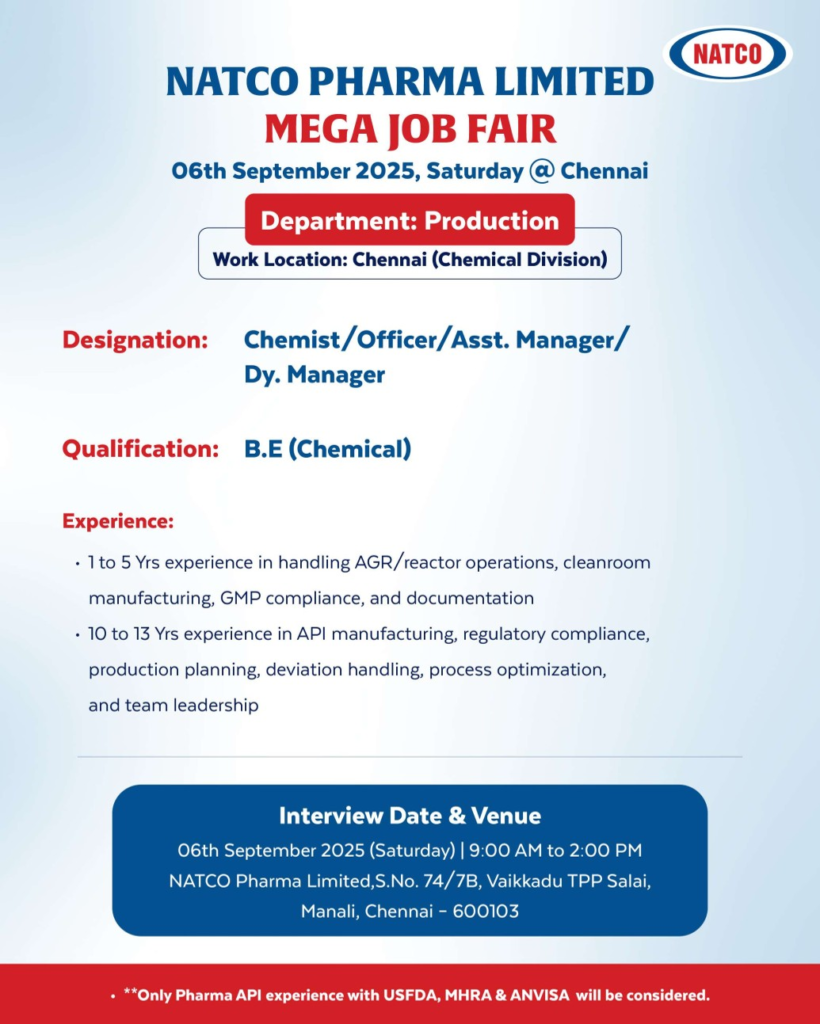 NATCO Pharma Limited Mega Job Fair 2025 – Multiple Pharma Careers in Chennai (6th September)