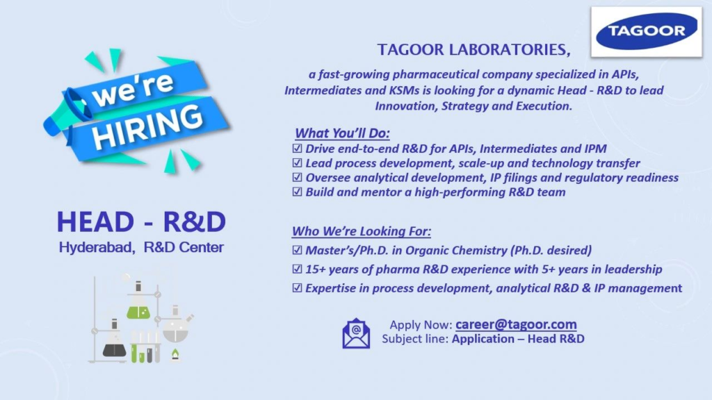 Tagoor Laboratories Hiring – Head of R&D, Hyderabad
