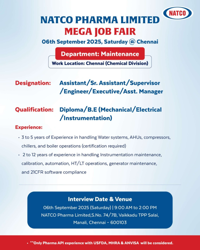 NATCO Pharma Limited Mega Job Fair 2025 – Multiple Pharma Careers in Chennai (6th September)
