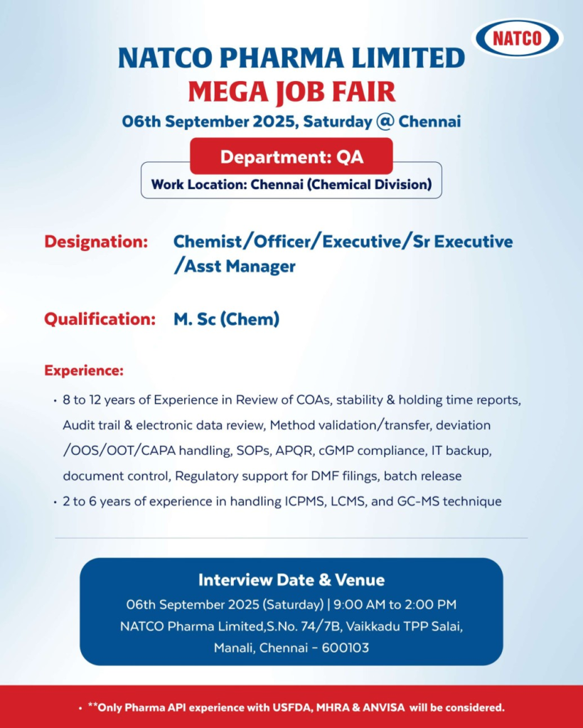 NATCO Pharma Limited Mega Job Fair 2025 – Multiple Pharma Careers in Chennai (6th September)