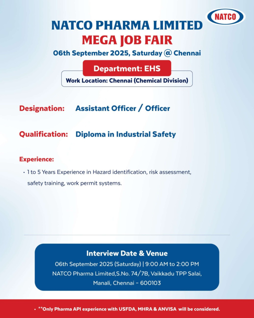 NATCO Pharma Limited Mega Job Fair 2025 – Multiple Pharma Careers in Chennai (6th September)