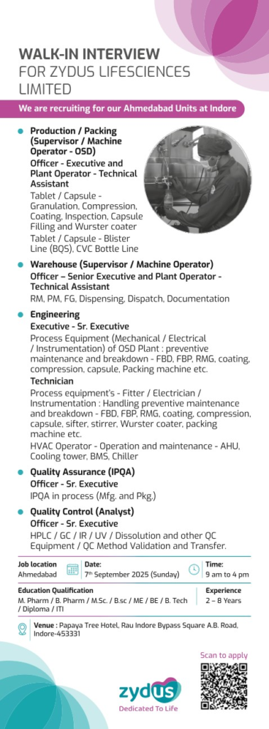 Zydus Lifesciences Walk-In Interview on 7th September 2025 – Production, QA, QC & Engineering Jobs in Ahmedabad Units at Indore