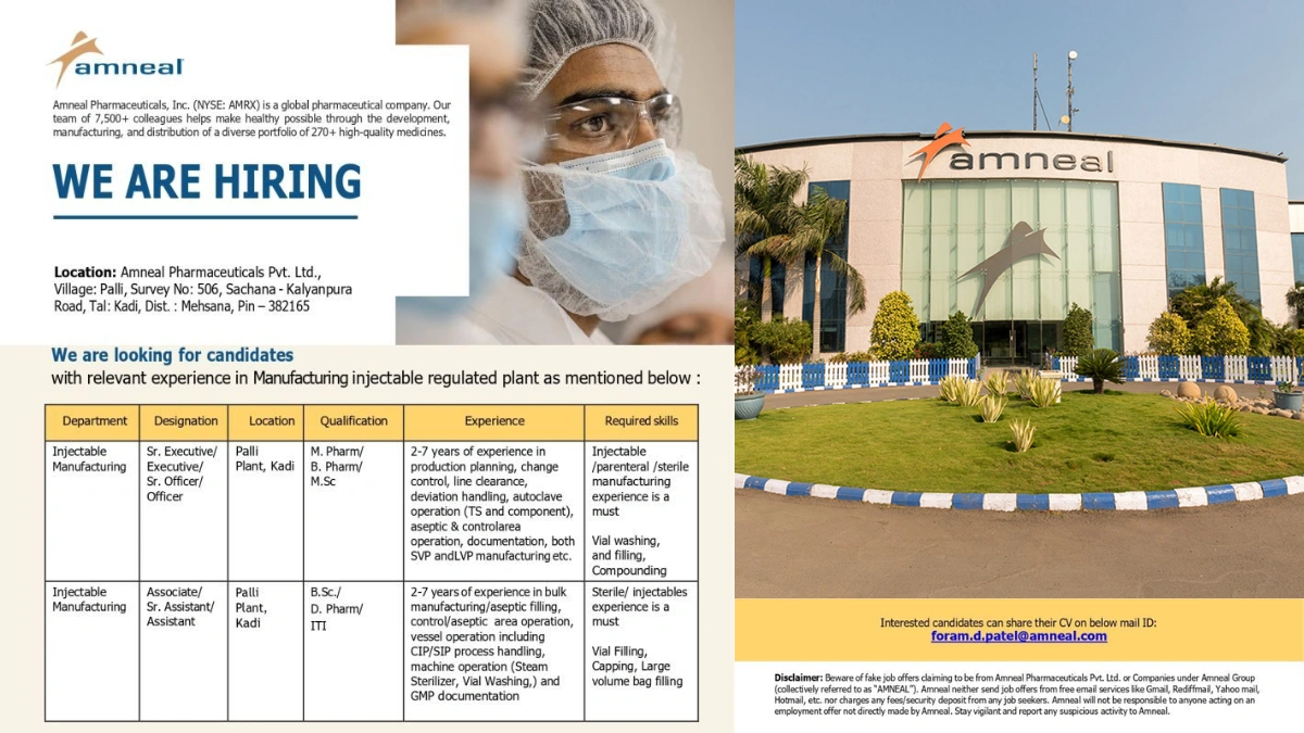 Amneal Pharmaceuticals - Job Openings for Sr. Executive in Injectable Manufacturing