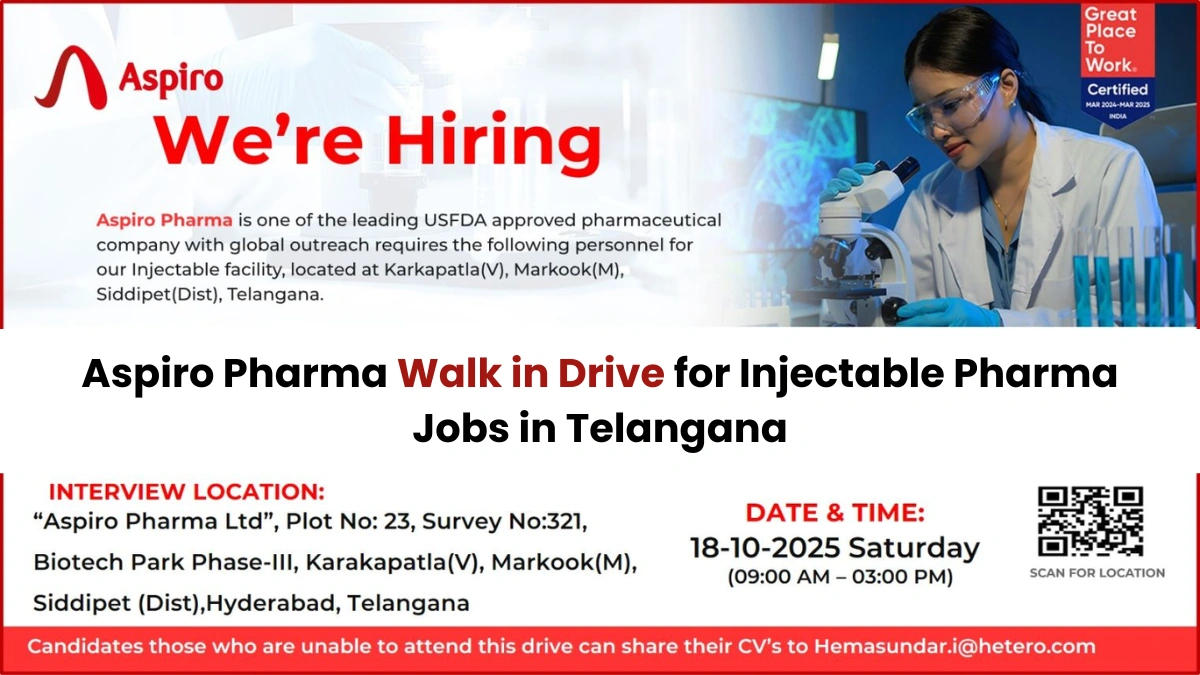 Aspiro Pharma Walk in Drive for Injectable Pharma Jobs in Telangana