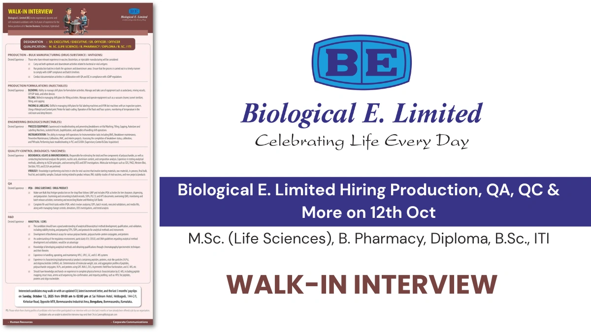 Biological E. Limited Hiring Production, QA, QC & More on 12th Oct