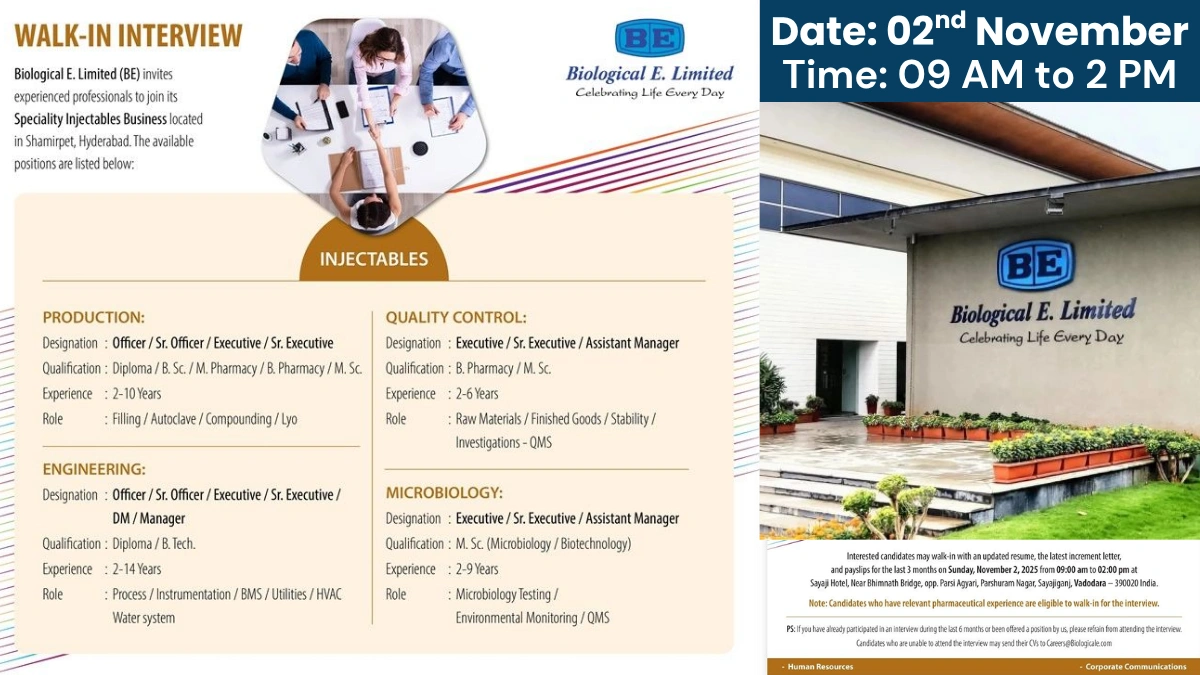 Biological E. Limited Walk in Walk in Drive Production, QA, QC and Microbiology Department