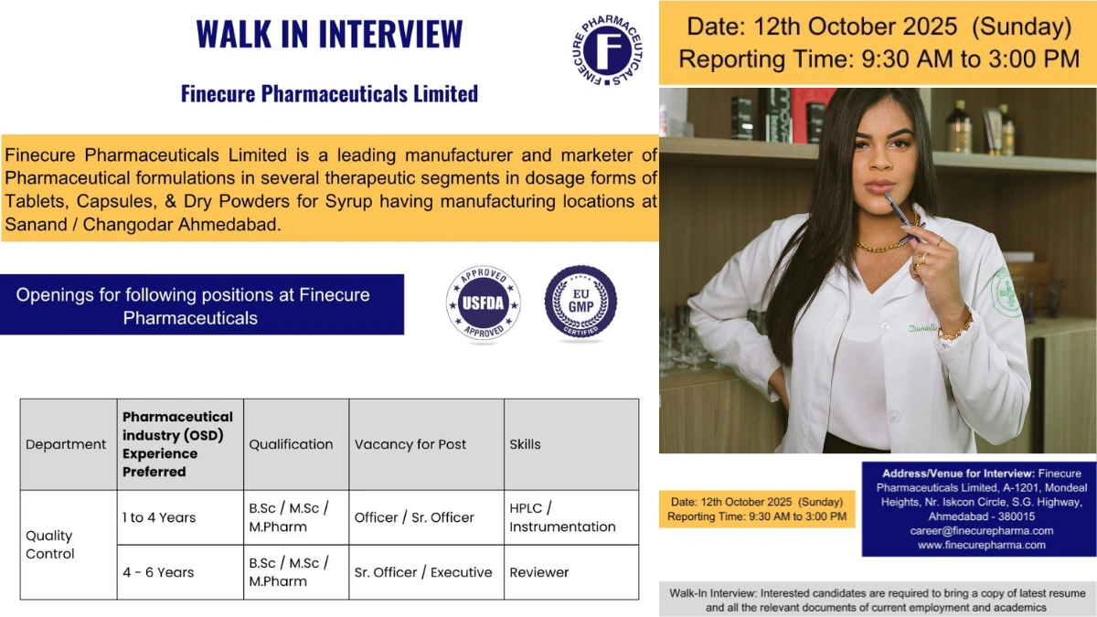 Finecure Pharmaceuticals Walk-in Drive for Officer & Executive Roles - USFDA Approved Facility