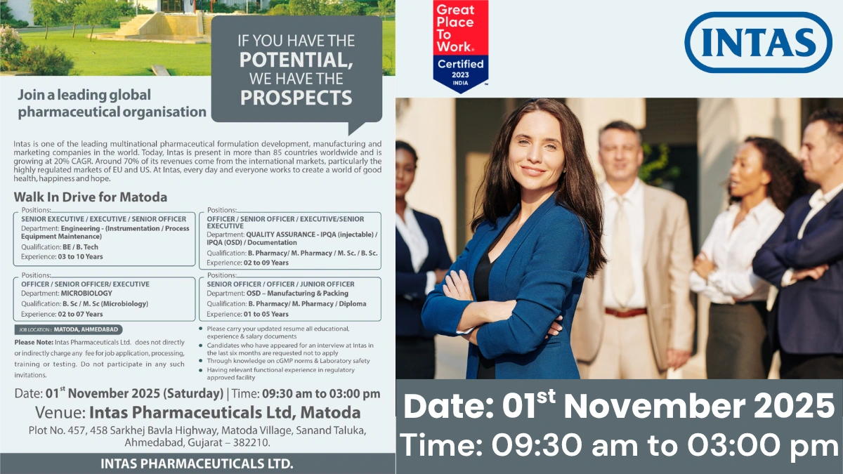 Intas Pharmaceuticals Walk-In Interview for Engineering, Microbiology, QA, and Production Roles on 1st Nov