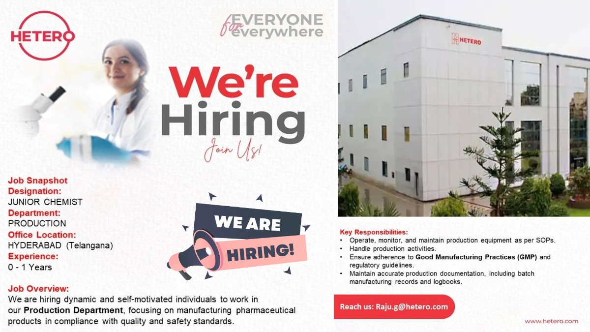 Junior Chemist Jobs at Hetero Entry-Level Pharma Careers in Hyderabad