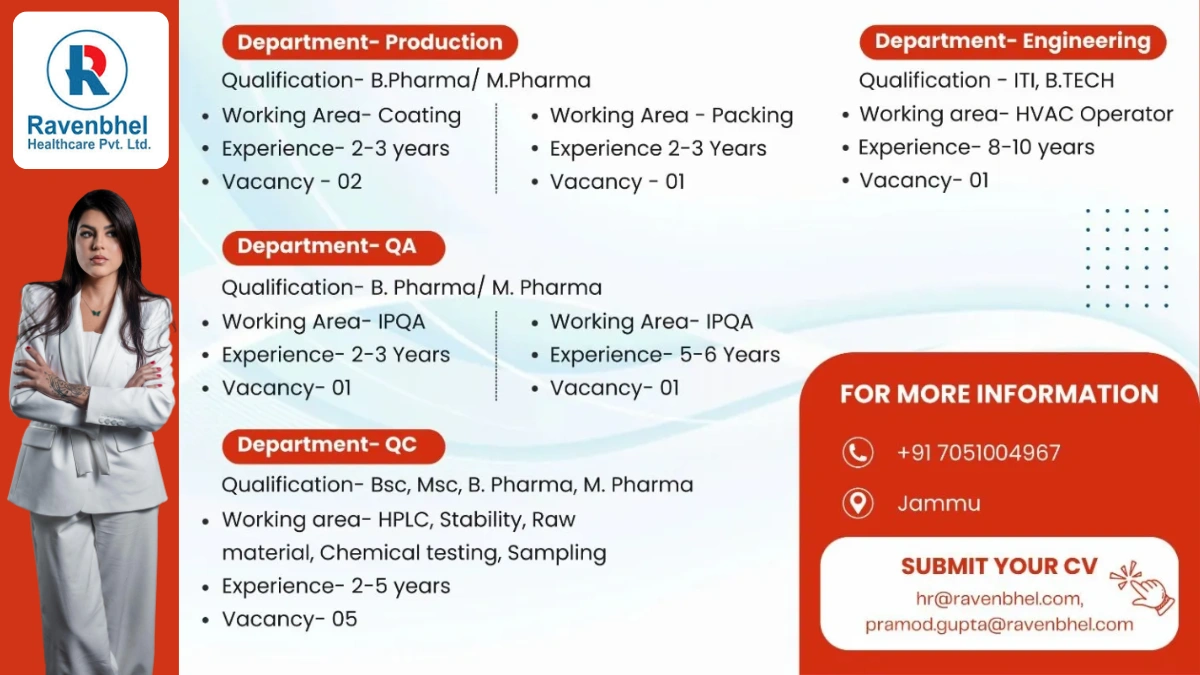 Ravenbhel Healthcare Hiring Production, Engineering, QA, and QC Openings in Jammu