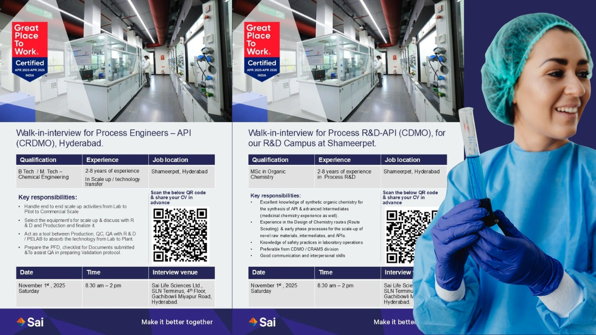 Sai Life Sciences Walk-in Interview in Process Engineers & R&D Roles in API on 1st Nov