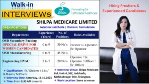 Shilpa Medicare Walk-in for OSD Packing, Manufacturing & HVAC Roles