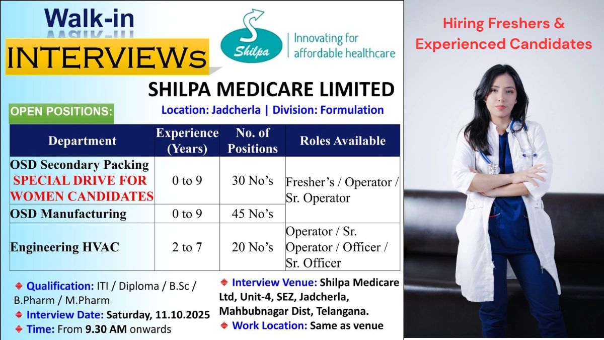 Shilpa Medicare Walk-in for OSD Packing, Manufacturing & HVAC Roles