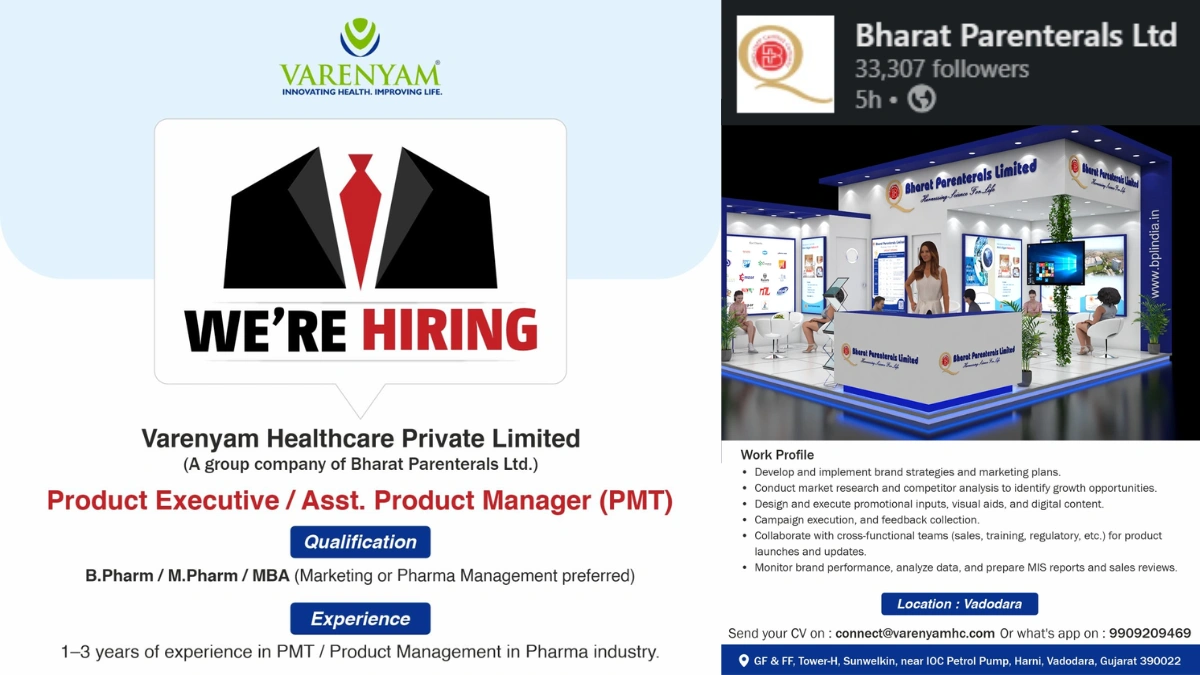 Varenyam (Bharat Parenterals Ltd.) Hiring Product Executive & Asst. Product Manager