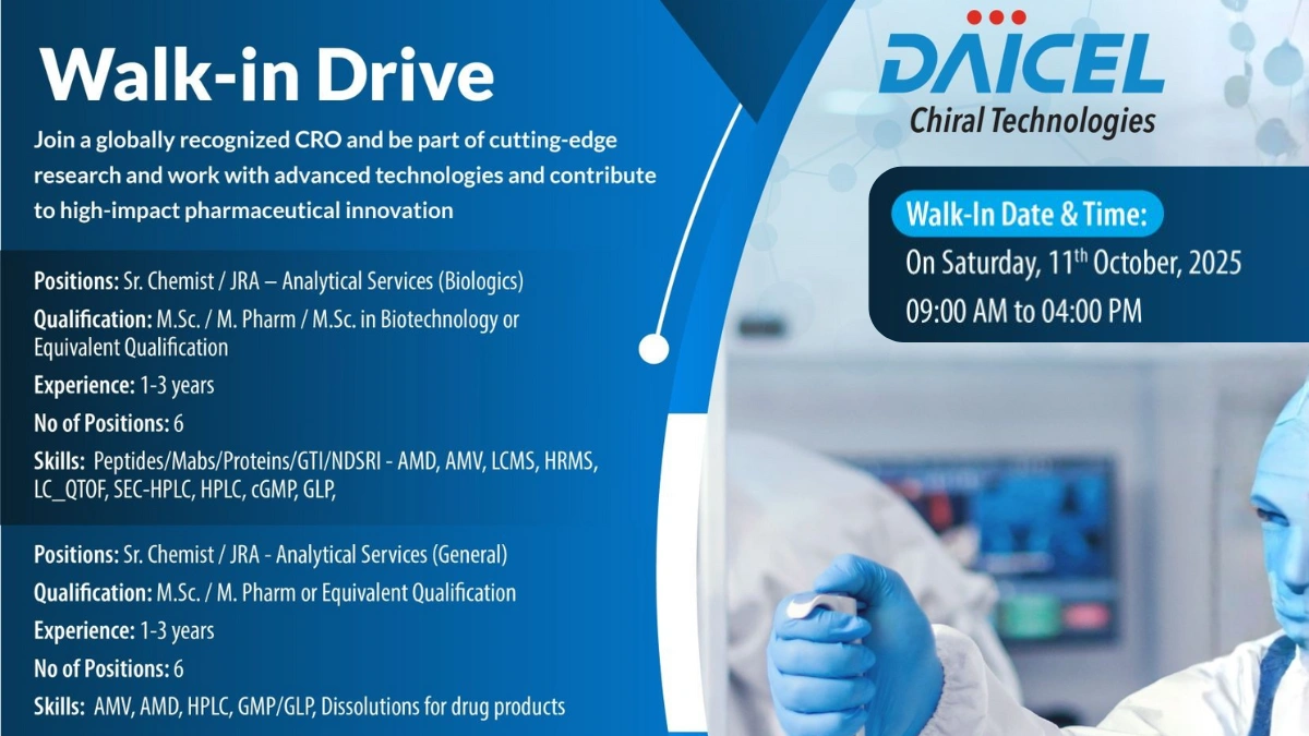 Walk-in Drive for Pharma Jobs at Daicel Chiral Technologies - Sr. Chemist Roles in Analytical Services