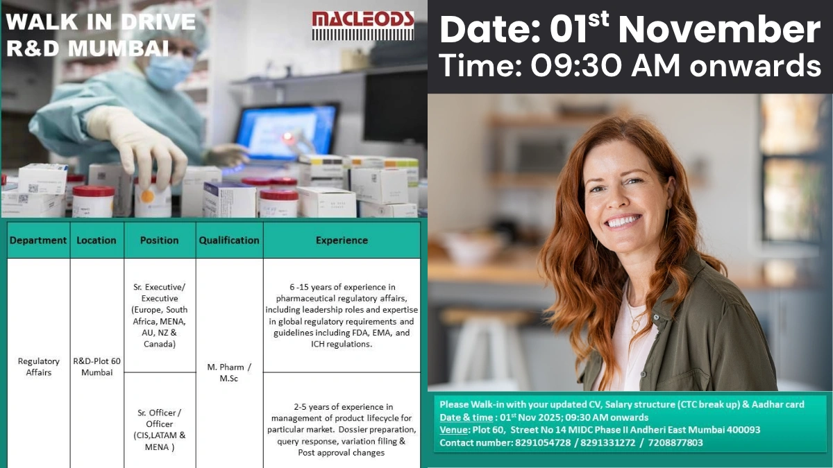 Walk-in Drive for Regulatory Affairs Jobs @ Macleods Pharmaceuticals in Mumbai on 1st Nov