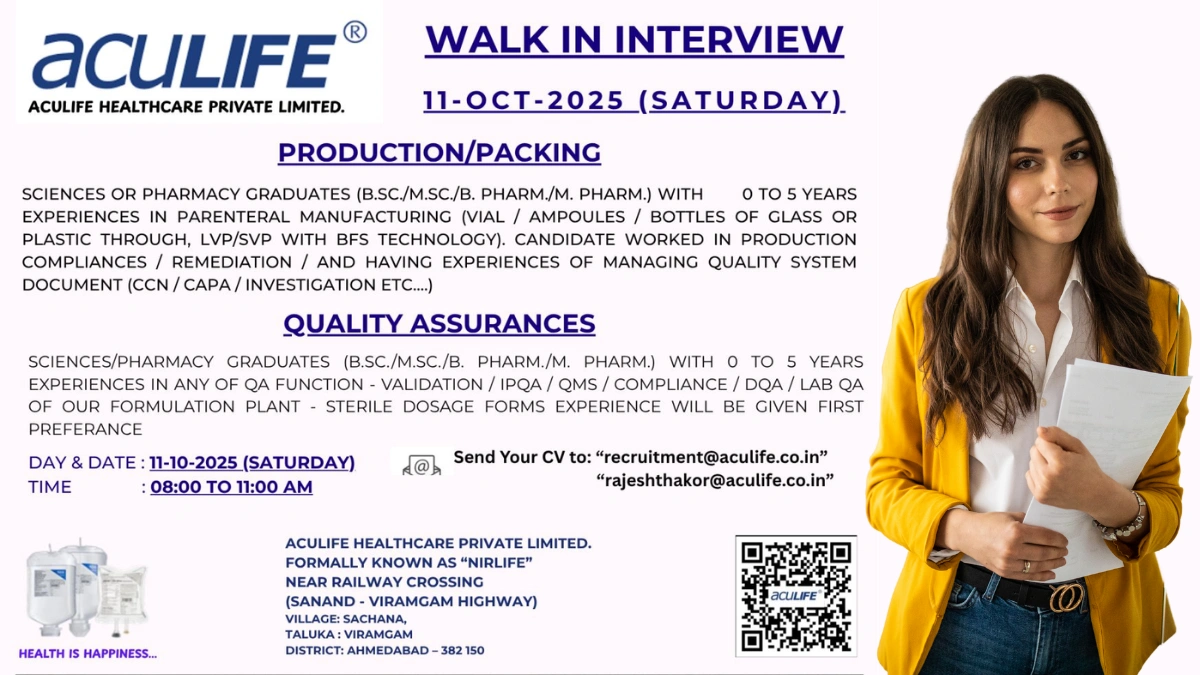 Walk-in Interview for Production and QA Jobs at AcuLife Healthcare