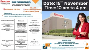 Walk-in Interviews @ Emcure Pharmaceuticals - Pharma Jobs in Production, QA, QC on 15th Nov