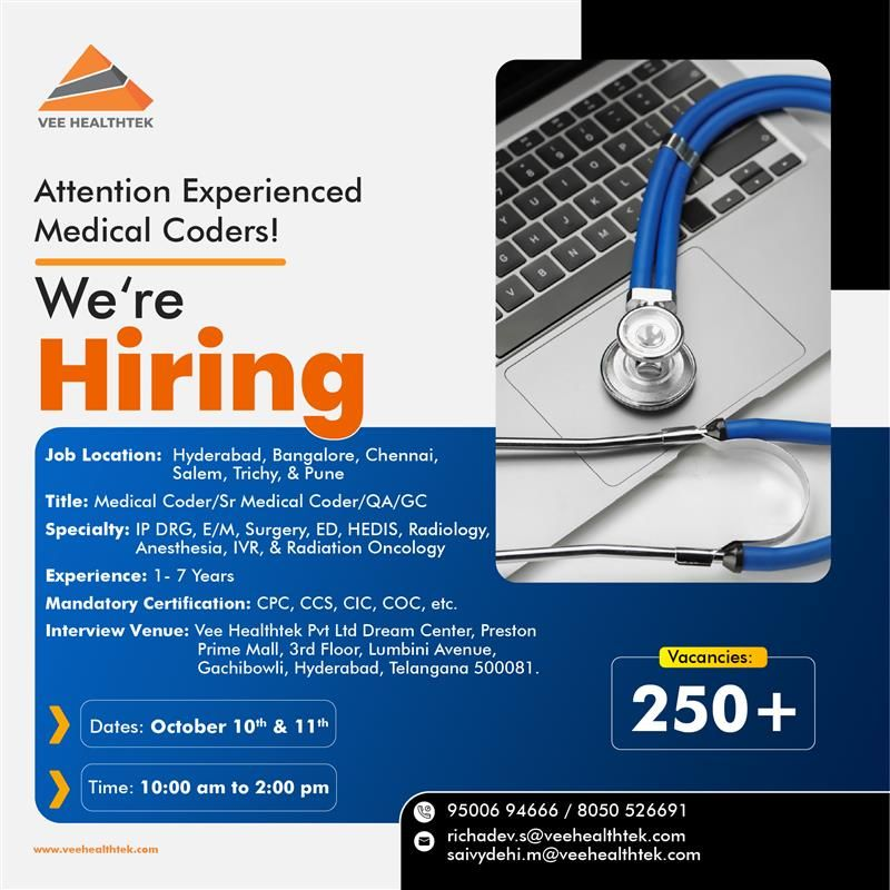 Medical Coding Jobs at Vee Healthtek: Walk-in for 250+ Positions in IP DRG, E/M, Surgery & More - October 10-11, 2025
